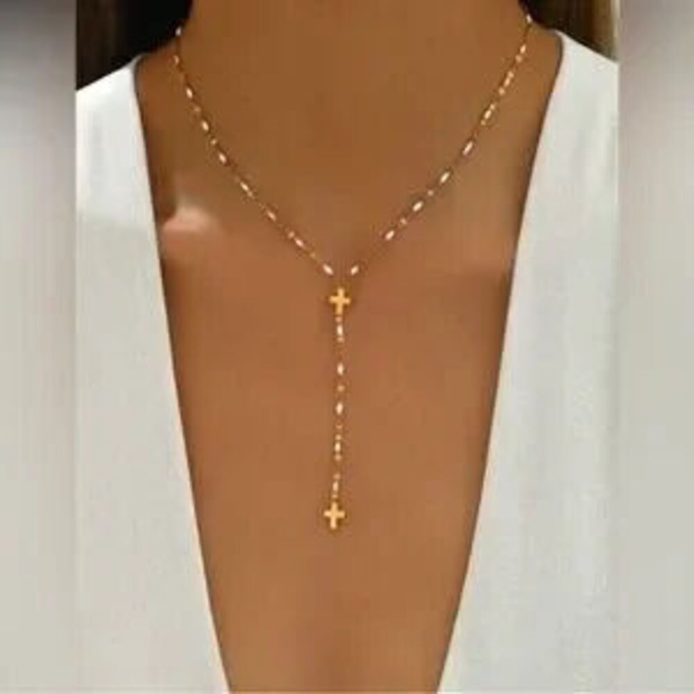 Gold Stainless Steel Cross Lariat Necklace Dainty Rosary Style Pendant